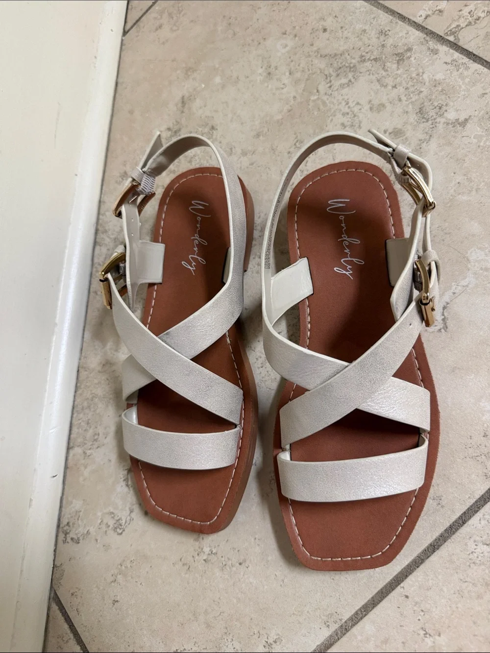 Lena Metallic Cream Crisscross Flat Sandal with Gold Buckles
